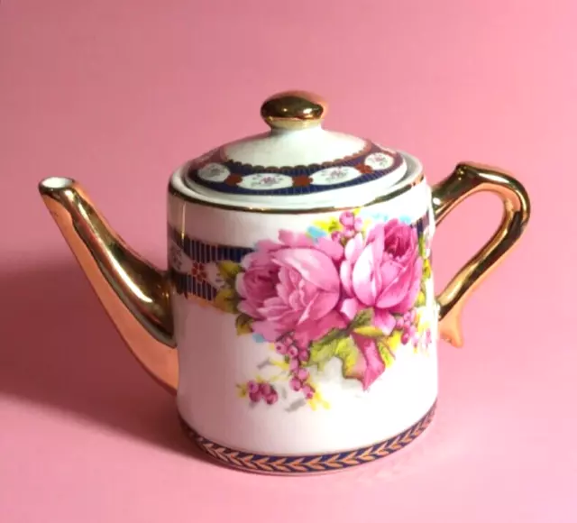 Miniature Teapot  Beautiful Roses And Glorious Gilt Features 9 Cm Tall