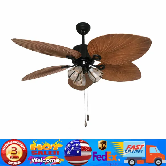 52” Ceiling Fan w/ Light Kit Tropical Five Hand-carved Palm Leaf Blades Indoor