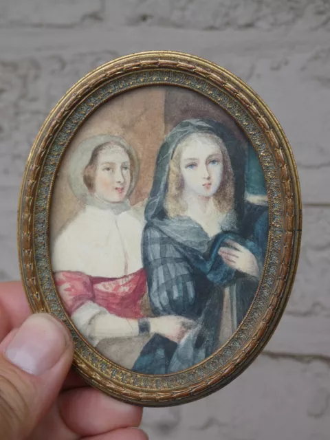 Antique 19thc Miniature painting girls France 2