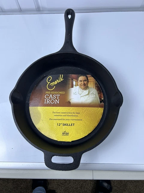 Chef Emeril Heavy Duty Cast Iron Skillet 12 Inch Double Spout Fry Pan SEASONED