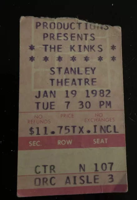 The Kinks Concert Ticket Stub 01/19/1982 Stanley Theatre Pittsburgh PA. VG Cond.