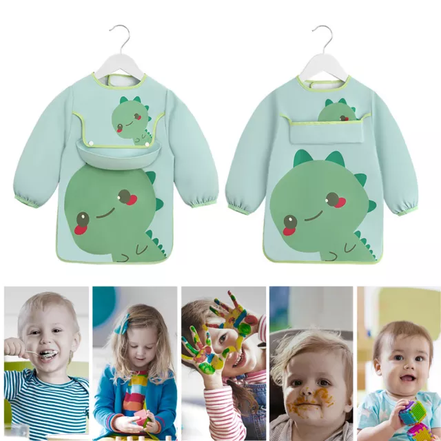 Baby Kids Bibs With Full Long Sleeve  Weaning Feeding Apron Food Catcher Pocket 3