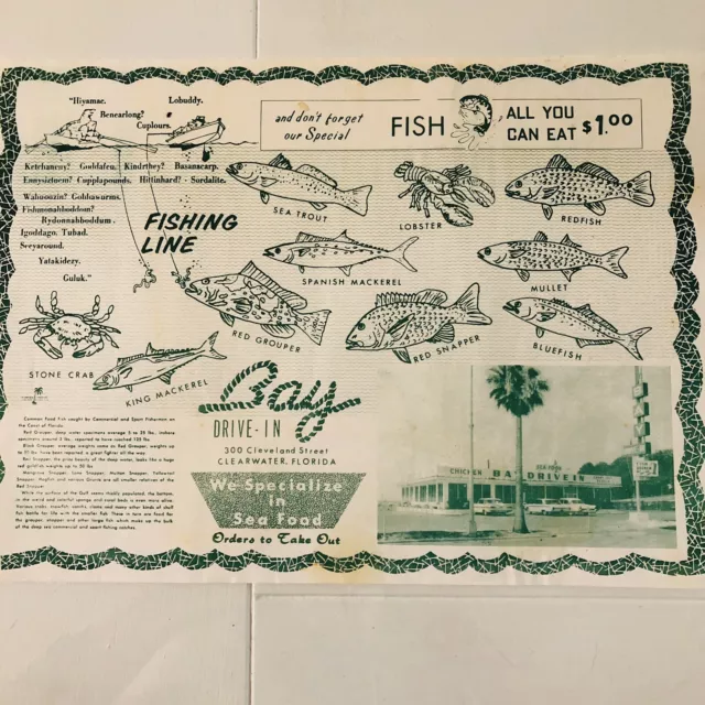 Vintage Paper Place Mat, Bay Drive-In, Seafood, Clearwater, Florida, Americana