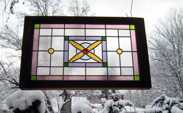 leaded large transom stained glass panel*rustic wood window decor flower art