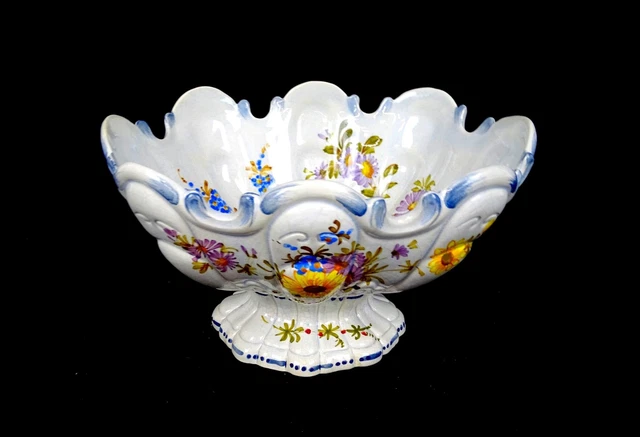 Italian Pottery Majolica Crackle Daisy Flower Scalloped 9 3/4" Footed Bowl 1920
