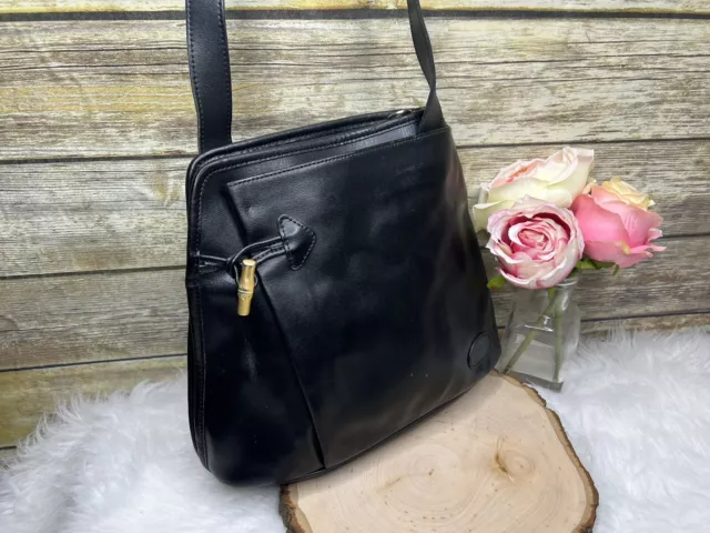 Vntg Longchamp Black Roseau Bamboo Toggle Leather Purse Shoulder Bag Tote