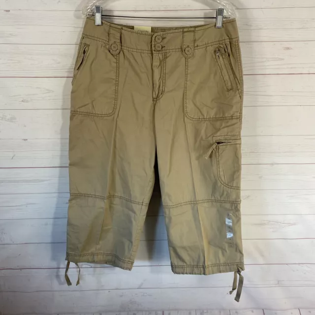 St Johns Bay Womens Cargo Capri Pants Size 14 Beige Cotton 33x18 New