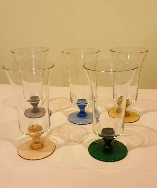 Beautiful colours 5xVintage Harlequin Wine Glasses &footed Air Twisted stems 60s