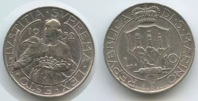G12007 - San Marino 10 Lire 1932 R Silber KM#10 RAR Auflage nur 25.000 Stück!