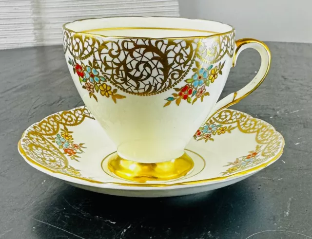 Vintage EB Foley 1850 Bone China Tea Cup & Saucer Made in England  Gold Flowers