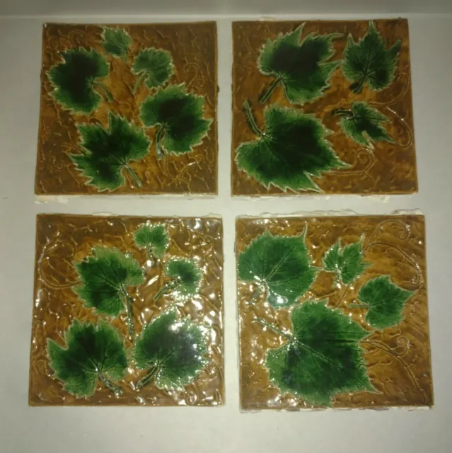 4-6"x 6" Ceramic Art Glazed porcelain Majolica tile Grape leaves Ivy Hand Made 2
