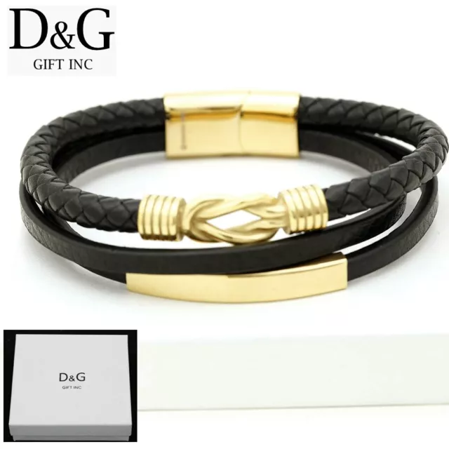 DG Men's 8.5" Gold Stainless-Steel Black,Braided Leather,Magnetic Bracelet + BOX