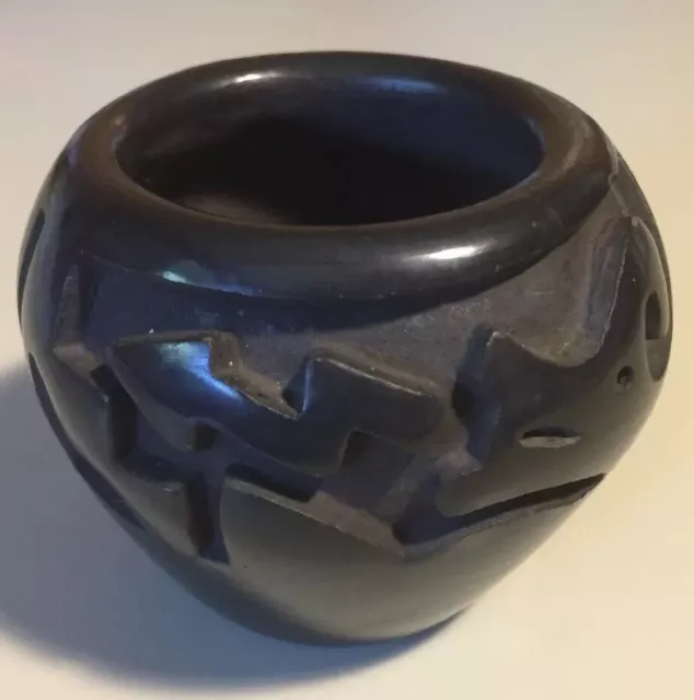 Vintage Santa Clara Pueblo Black On Black Pottery Bowl Signed Sammy Naranjo