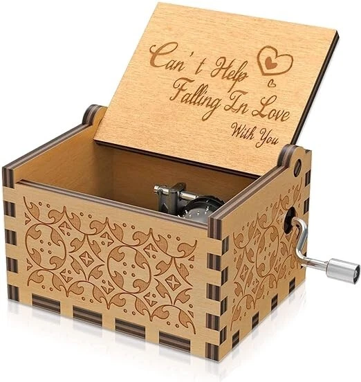 CAN’T HELP FALLING in Love Music Box Black Hand Crank Vintage Wood