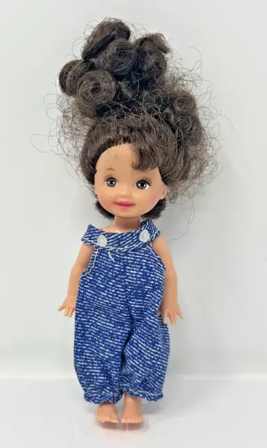 Barbie Tiny Doll with Brunette hair Brown Eyes 4" In blue Jumper outfit.