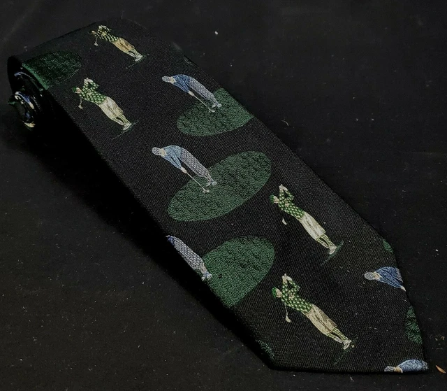 HANDMADE Early 20Th Century Golf Theme Design Graphic 100% Silk Neck Tie