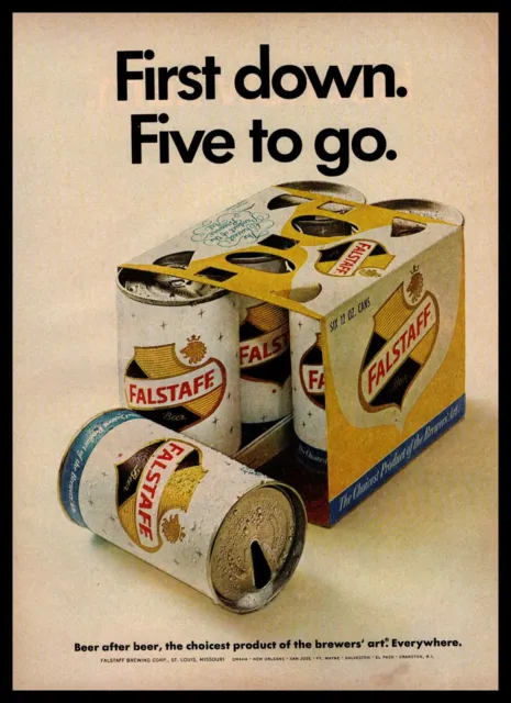 1967 Falstaff Brewing Beer Can Six Pack "First Down Five To Go" Vintage Print Ad