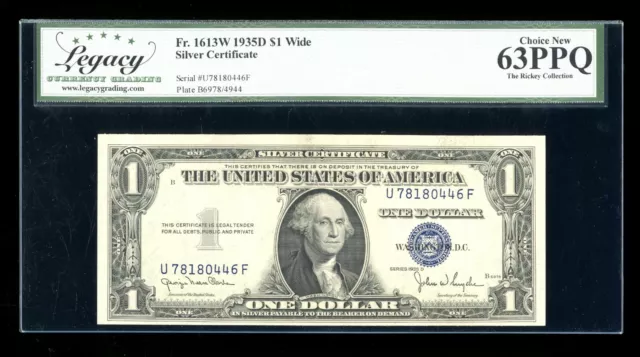 DBR 1935-D $1 Silver Fr. 1613W Wide UF Block Legacy 63 PPQ Serial U78180446F