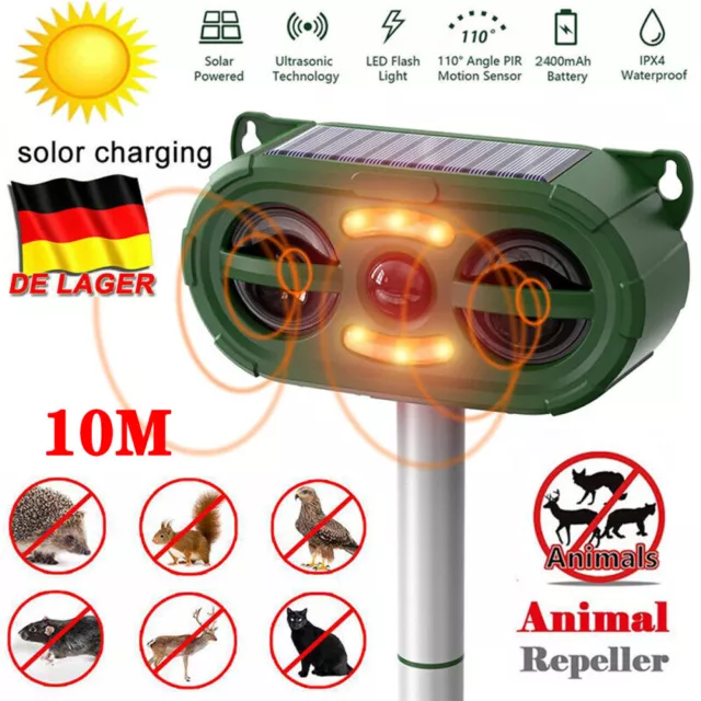 Solar Tiervertreiber Ultraschall Abwehr Marder Katzen Hunde Abwehr Schreck 10M 2