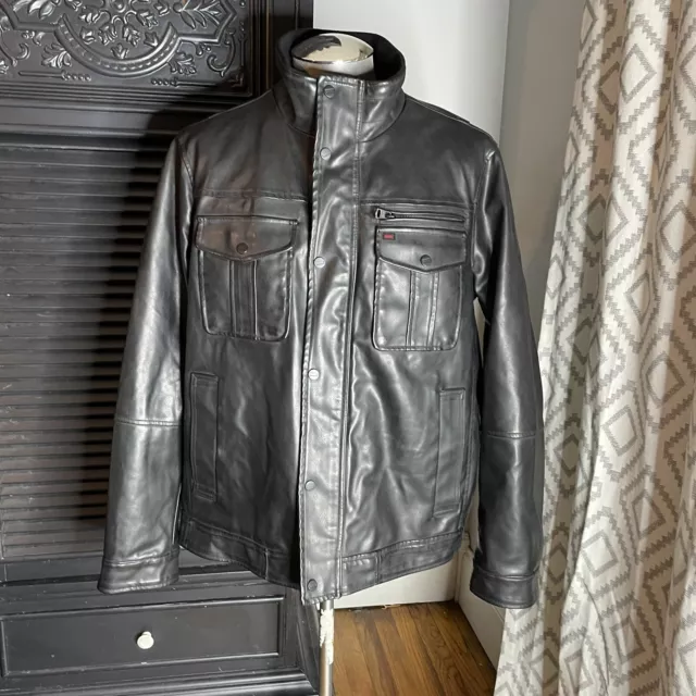 Levis Faux Leather Jacket XL Black Fleece Lined Bomber Trucker Moto Biker Coat