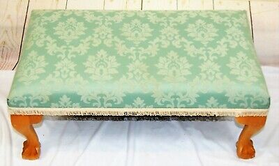 Antique Style Large Rectangular Wooden Low Hearth Stool + Green Upholstered Seat 2