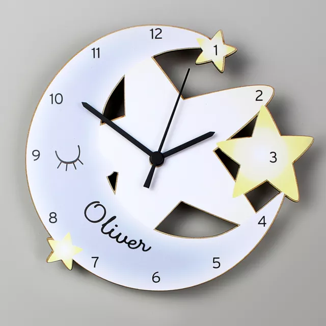 Personalised Wooden Wall Clock MOON & STARS Nursery Kids Decor Baby Girl Gift 3