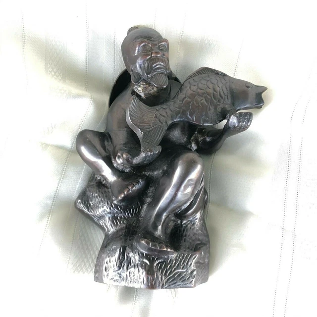 Antique Japanese Meiji koro sculpture Fisherman Man Carp Koi Bronze 9" statue