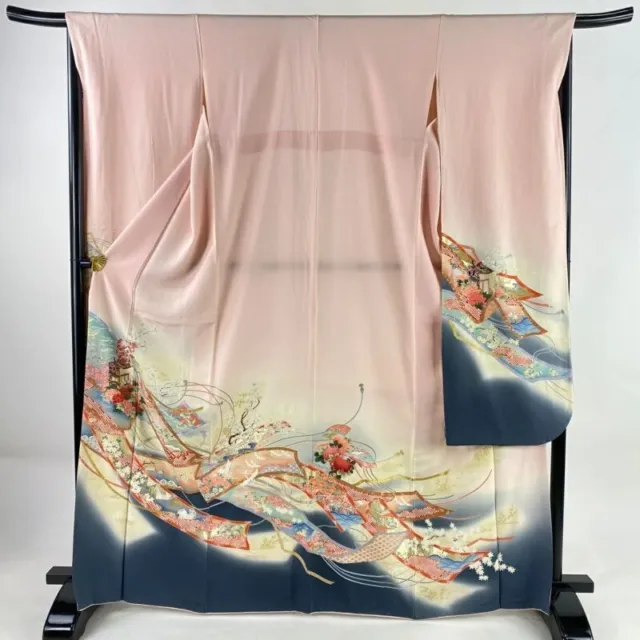 Japanese Kimono Furisode Pure Silk An Ox Drawn Coach gold and silver Pale  Pink