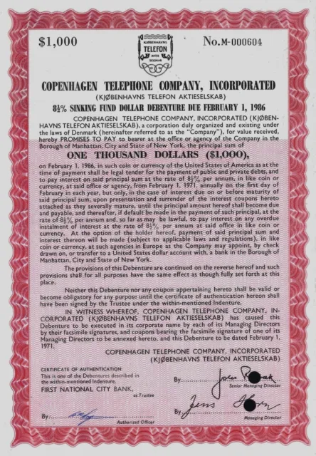 Copenhagen Telephone Company Inc., 1971, 8,5% Debenture due 1986 (1.000 $)