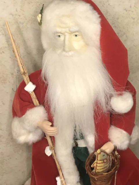 Detailed 16” Porcelain Fishing Santa Claus Doll Ornament, Pole, Fish, Hook 2