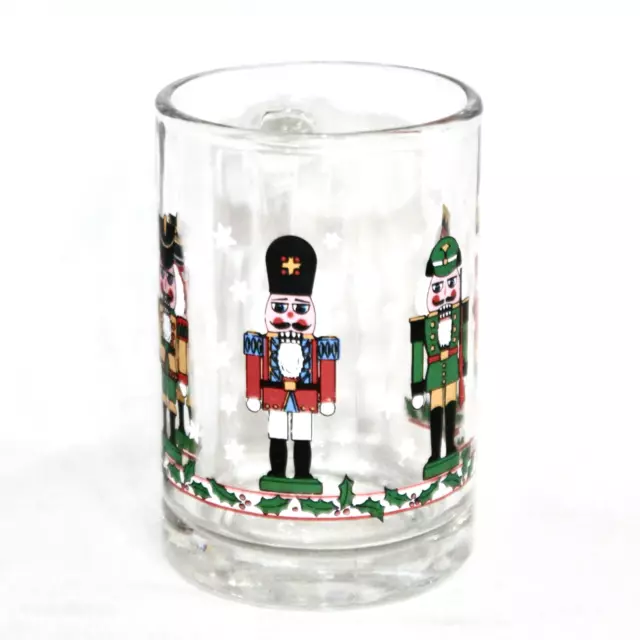 NUTCRACKER Soldier Clear Glass Coffee Tea Mugs Set of 4 Christmas Holly Stars 3