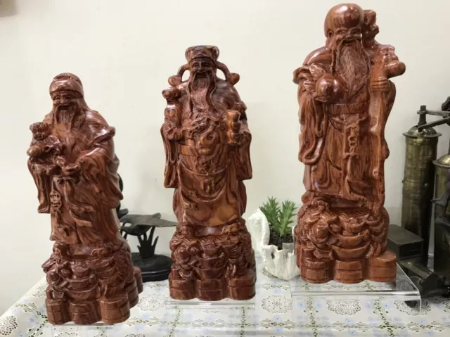 Fine Work Vietnam Wood Hand-carved Happy Buddha Fu Lu Shou Statue Old Roots