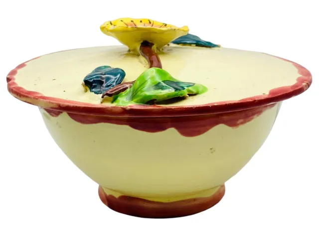 Vintage Italian Majolica Bowl Floral Covered Dish Art Pottery Leaf Signed 2