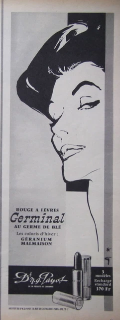 PUBLICITÉ DE PRESSE 1958 ROUGE A LÈVRES GERMINAL Dr.M.G. PAYOT - GRUAU