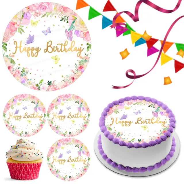 Happy Birthday Butterfly Edible Cake Topper Party Decoration Celebration Cupcake
