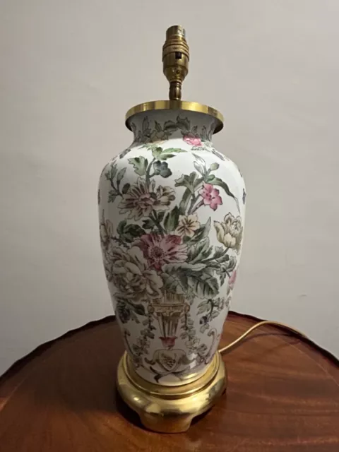 Chinoiserie Floral Porcelain Lamp Base On Brass Stand Asian Table Lamp