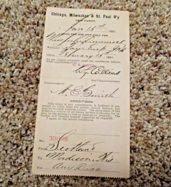 Nice Rare Antique 1891 Chicago Milwaukee & St. Paul Railway Railroad Trip Ticket