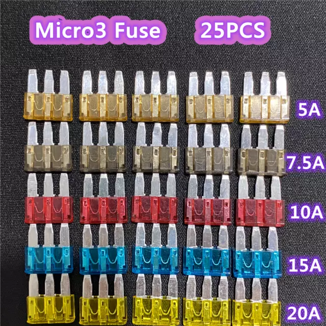 25PCS Mixed Micro3 3 Prong Blade Fuses 5A 7.5A 10A 15A 20A For Car Bike