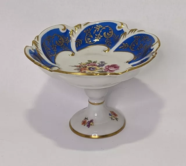 Vgt PM East Germany Porcelain Small Pedestal Compote Royal Blue & Flowers Gold