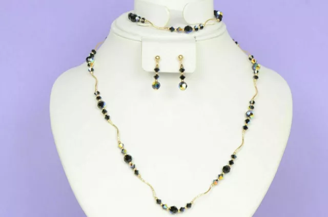 14k Yellow Gold Made With Swarovski Black Crystal Element Beaded Necklace Set