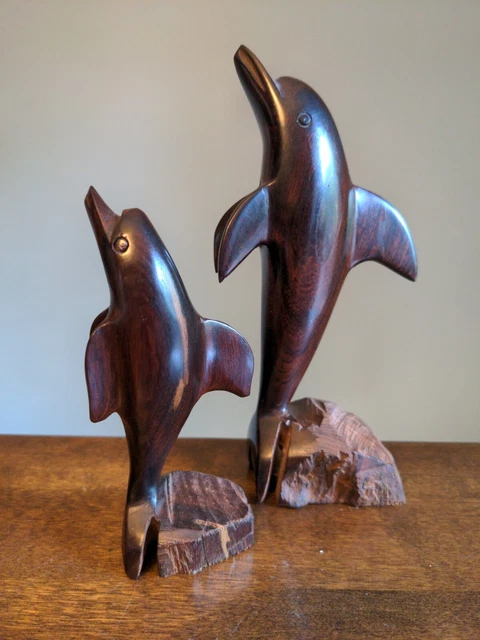 Pair Ironwood Dolphin Figurine Hand Carved Wooden Statues. 7.5" & 5.5"