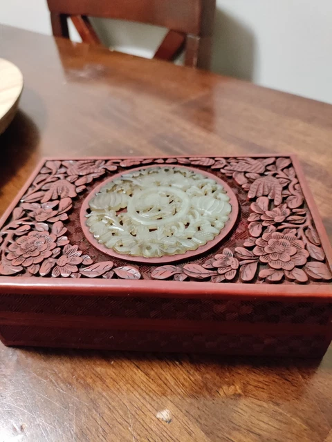 Antique Chinese Cinnabar Lacquer Jewelry Box Flower Jadeite Jade RARE FIND