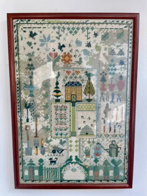 Framed Ehrman Rare Maggie Hollingworth Garden Sampler Needlepoint Tapestry