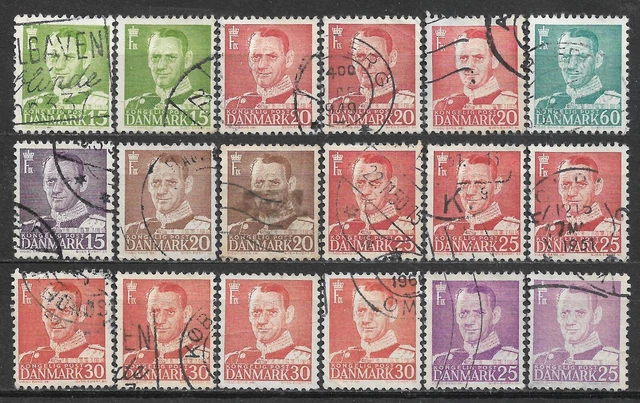 1948-1955 DENMARK 18 USED STAMPS (Scott # 306,307,313,319-321,335,354) CV $3.60