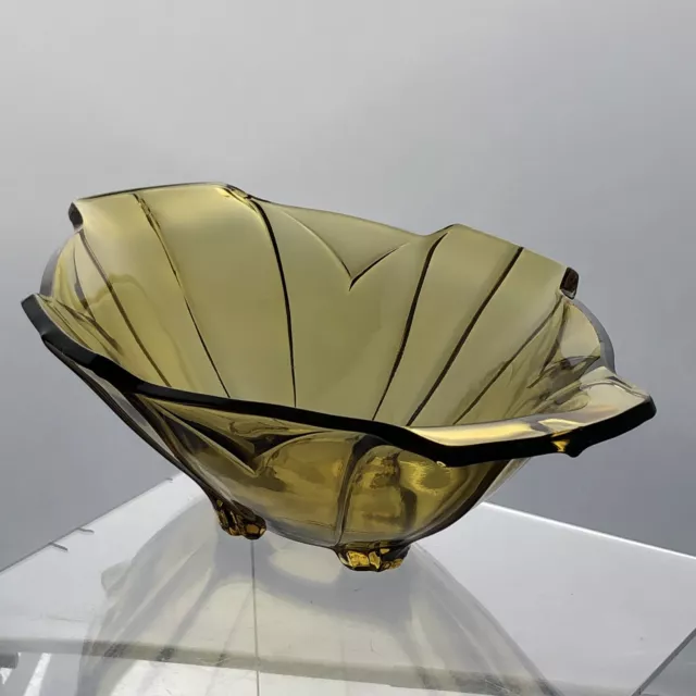 SOWERBY Chevron Art Deco Amber Clear Glass Oval Fruit Bowl 1920's/30's Bin11