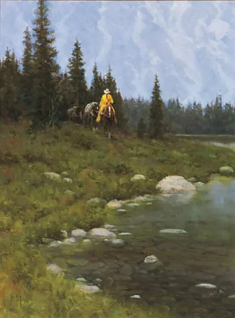 Between Mountain Showers by Jim Rey Cowboy Horseback Western Artist Proof 17x24