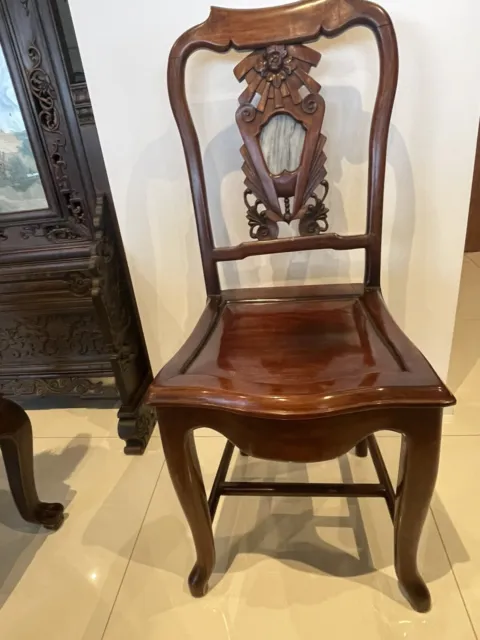Rosewood Antique Chinese Furniture 19th c  Batwing Ornate Chair Marble Insert