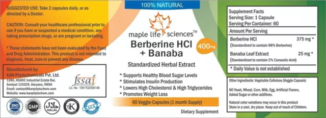 Berberine HCL 98% pure Extract + Banaba Leaf Extract For Control Blood Sugar 2