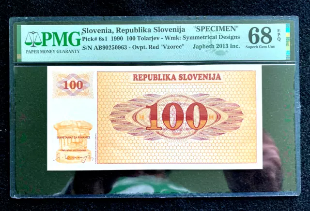 Slovenia 100 Tolarjev 1990 Pick 6s1 PMG 68 SUPERB GEM UNC EPQ SPECIMEN