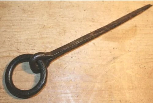 Antique Wrought Iron Tethering Ring on Pin Meat Beam Game Hook 12 inch